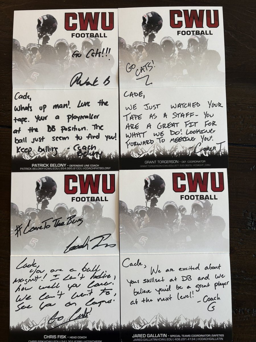 Cade Boehl (@cadeboehl) on Twitter photo I appreciate the love from the <a href="/CWUFB/">CWU Football</a> coaches today. Thank you for the letters!
<a href="/CoachFisk/">Chris Fisk</a> <a href="/CoachGallatin/">Jared Gallatin</a> <a href="/CoachT_CWU/">Grant Torgerson</a> <a href="/CoachPatBelony/">Pat Belony M.Ed</a> <a href="/coachmurphhhh/">Ju'Wan Murphy</a> I appreciate the love from the <a href="/CWUFB/">CWU Football</a> coaches today. Thank you for the letters!
<a href="/CoachFisk/">Chris Fisk</a> <a href="/CoachGallatin/">Jared Gallatin</a> <a href="/CoachT_CWU/">Grant Torgerson</a> <a href="/CoachPatBelony/">Pat Belony M.Ed</a> <a href="/coachmurphhhh/">Ju'Wan Murphy</a>