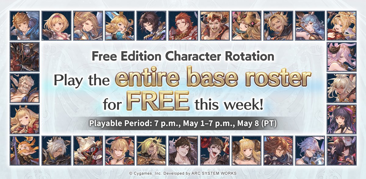 gbvs_official's tweet image. Free Edition enjoyers, for one week only you'll be able to play the entire base roster of 28 characters in #GBVSR starting May 1 (PT)! 🎉 

Fly solo in Arcade or Training Mode, or battle other players online—all for free! ✨️