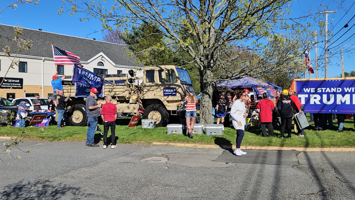 Hundreds of patriots attended the Trump rally to celebrate 100 days in the office of President Trump in Salem, New Hampshire on Wednesday, April 30, 2025 from 2:30 - 6pm at 401 Main St, Salem NH with pizza, cupcakes, potato salad, chips and all kinds of soft drinks. Thank you