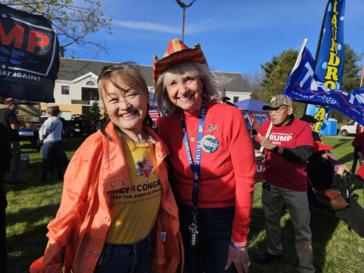 Hundreds of patriots attended the Trump rally to celebrate 100 days in the office of President Trump in Salem, New Hampshire on Wednesday, April 30, 2025 from 2:30 - 6pm at 401 Main St, Salem NH with pizza, cupcakes, potato salad, chips and all kinds of soft drinks. Thank you
