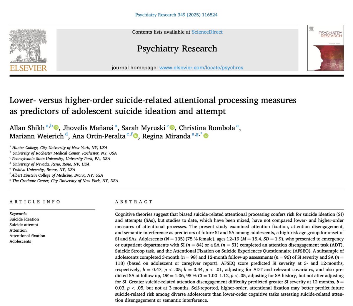 Regina Miranda, Ph.D. (Miranda Lab) (@mirandalabcuny) on Twitter photo "Lower- versus Higher-Order Suicide-Related Attentional Processing Measures as Predictors of Adolescent Suicide Ideation and Attempt" -- led by <a href="/Hunter_College/">Hunter College</a> alum Allan Shikh, w/J. Mañaná, S. Myruski, C. Rombola, M. Weierich, <a href="/anaortinp/">Ana Ortin-Peralta, PhD</a> , & me. authors.elsevier.com/a/1l0iNbZg7ToF… "Lower- versus Higher-Order Suicide-Related Attentional Processing Measures as Predictors of Adolescent Suicide Ideation and Attempt" -- led by <a href="/Hunter_College/">Hunter College</a> alum Allan Shikh, w/J. Mañaná, S. Myruski, C. Rombola, M. Weierich, <a href="/anaortinp/">Ana Ortin-Peralta, PhD</a> , & me. authors.elsevier.com/a/1l0iNbZg7ToF…