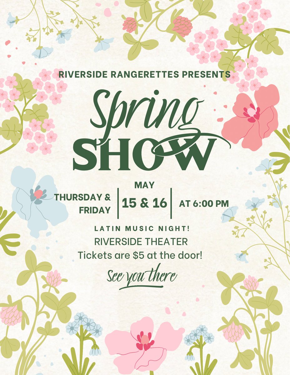 rhsrangerettes (@rhsrangerettes) on Twitter photo Join the Riverside Rangerettes for a night at our Spring Show — May 15 & 16 at 6:00 PM! Tickets are $5 at the door!Watch our seniors perform one last time!! 🌸💐💃👯♀️<a href="/Riverside_4ever/">Riverside_Rangers</a> <a href="/Ranger_StuCo/">RangerStuCo</a> Join the Riverside Rangerettes for a night at our Spring Show — May 15 & 16 at 6:00 PM! Tickets are $5 at the door!Watch our seniors perform one last time!! 🌸💐💃👯♀️<a href="/Riverside_4ever/">Riverside_Rangers</a> <a href="/Ranger_StuCo/">RangerStuCo</a>