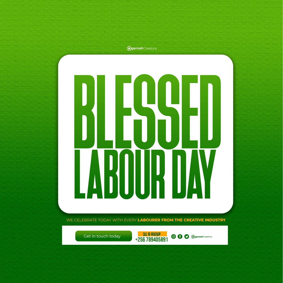 BLESSED LABOUR DAY TO ALL CREATIVES 

Today we dedicated this year’s labour day to all creatives trying to make ends meet by the saving the country code they are in and the African continent at large 

Keep focus 
Keep working 
Keep creating