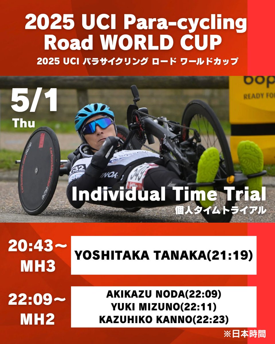 ⁡／
2025 UCI パラサイクリング 
ロード ワールドカップ🇧🇪
＼

#ParaWorldCup 本日開催！日本代表の初戦はハンドサイクル選手たちの個人タイムトライアル🏁

応援よろしくお願いします📣

#パラサイクリング #パラスポーツ #ParaCycling #cycling #ロードレース #自転車 #ベルギー #ハンドサイクル