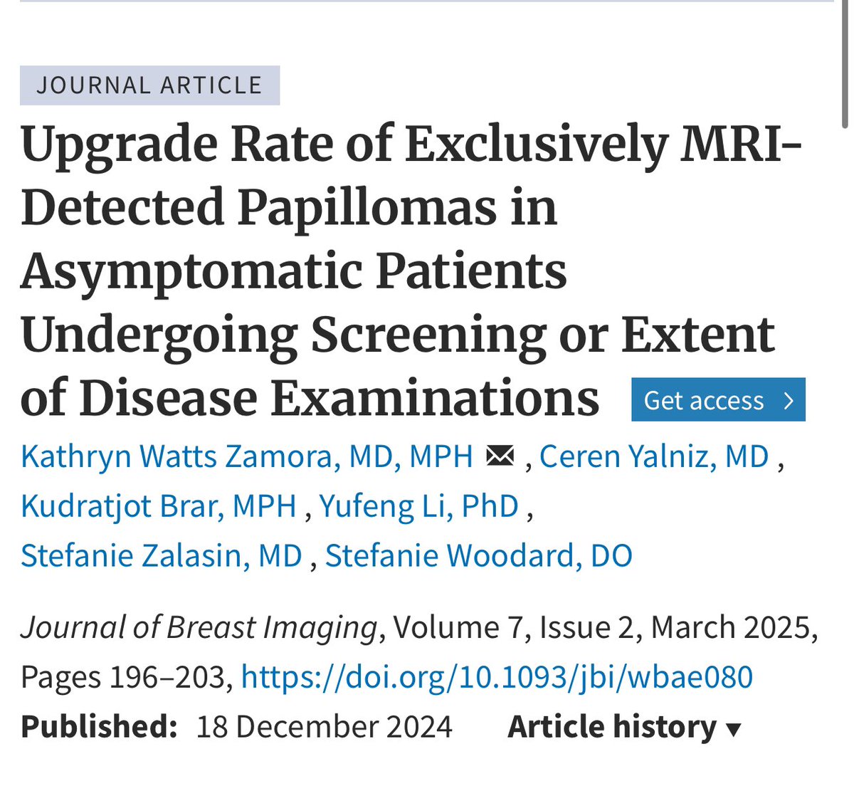 📣 LATEST JBI RESEARCH 📣
✨Upgrade of MRI-detected papillomas in asymptomatic high-risk patients, patients with a history of cancer, or patients with known malignancy is 4% in this population, which suggests these lesions may warrant surgical excision.

📩doi.org/10.1093/jbi/wb…