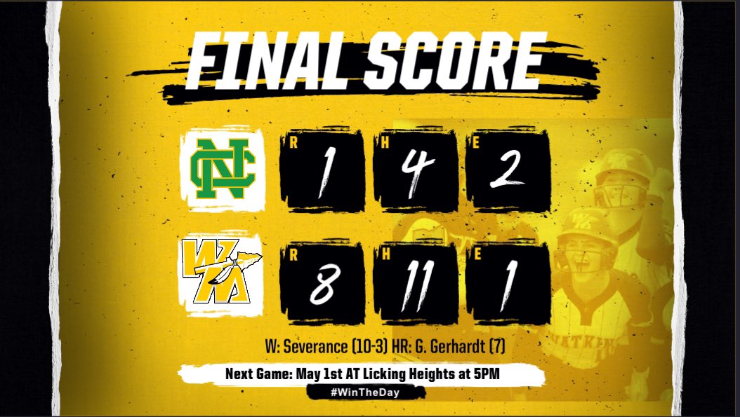 We get to 1-0 on senior night!! It was a good night for our 7 seniors!

G.Gerhardt 2-4, RBI, 2R, HR, 2B
Tellings 2-2, RBI, R, 2B, BB
Taggart 2-3, 2Rbi, R, 2B
Conley 2-4, RBI, R, 2B
Langwasser 2-3, rbi, 2 2B
Thompson 1-1

Severance(W) 7in, 2K, 5BB, 4H, ER