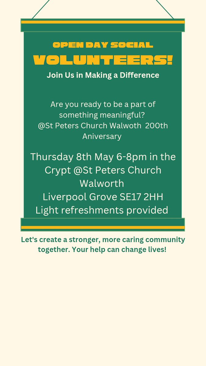 Ree_create (@reee_create) on Twitter photo Want to make a difference in your community?
Join us for our #Volunteers Open Day at St Peter’s Church, #Walworth
Wed 8 May | 6–8 PM
Find out about volunteer roles & exciting upcoming events.
Come and get involved—we’d love to meet you!
#CommunityEvents
<a href="/StPeterWalworth/">Father Andrew</a> Want to make a difference in your community?
Join us for our #Volunteers Open Day at St Peter’s Church, #Walworth
Wed 8 May | 6–8 PM
Find out about volunteer roles & exciting upcoming events.
Come and get involved—we’d love to meet you!
#CommunityEvents
<a href="/StPeterWalworth/">Father Andrew</a>
