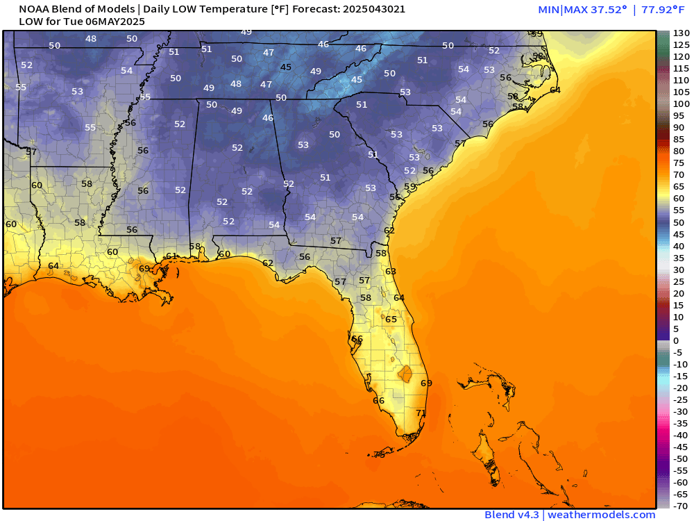 tropicalupdate's tweet photo. A May cool front for the SE? YES! Cooler temps for early next week for many at night. Tuesday, for example, here. Could see some 50's deep into Florida. Glad I still have wood. https://t.co/Hk3pbO7x8H https://t.co/oVTQE4hcw4