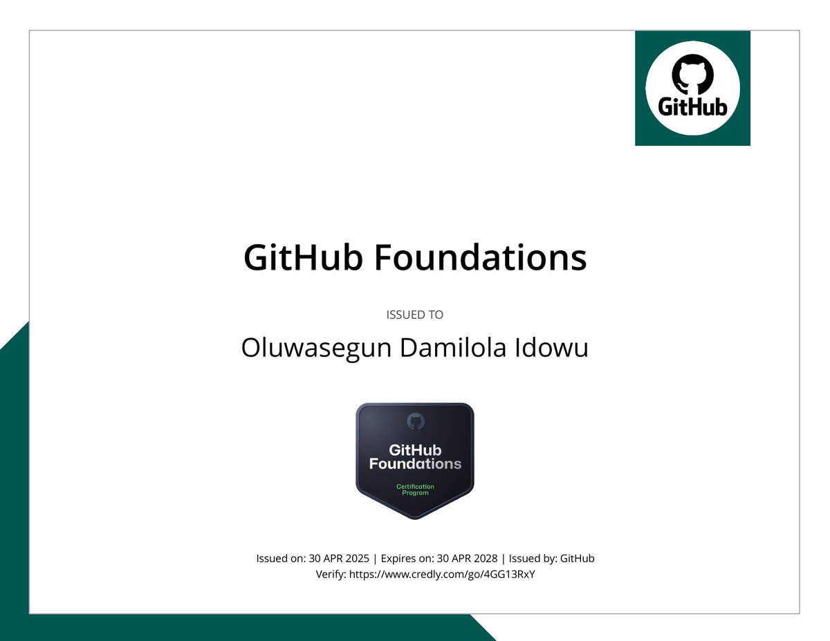 LogicalDami's tweet image. Yippee!!! 🎉🎉🎉
I just PASSED my GitHub Foundations Exam!
Thank you @github for the great privilege.
You can view my verified achievement via the @credly link below:
👇👇👇
credly.com/badges/8d5cc3e…
#github #githubfoundations #githubexam #credly #certification