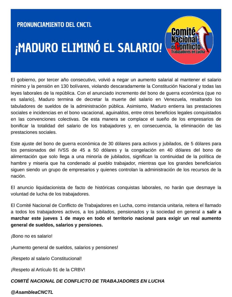 AsambleaCNCTL's tweet image. URGENTE | Pronunciamiento del CNCTL 
#MaduroEliminoElSalario