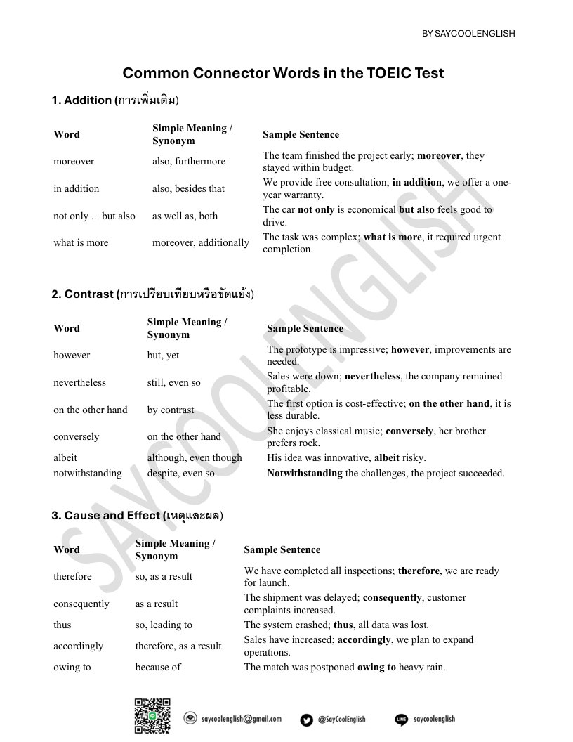 SayCoolEnglish's tweet image. แจกคับ รวมกลุ่มคำเชื่อมใช้บ่อยใน #TOEIC 
(Common Connector Words in the TOEIC Test)

แทรกการเรียนรู้เข้าไปใน #TOEIC 6-week study plan ได้เลยค่า 

Link for download: drive.google.com/file/d/1W5jJOM…