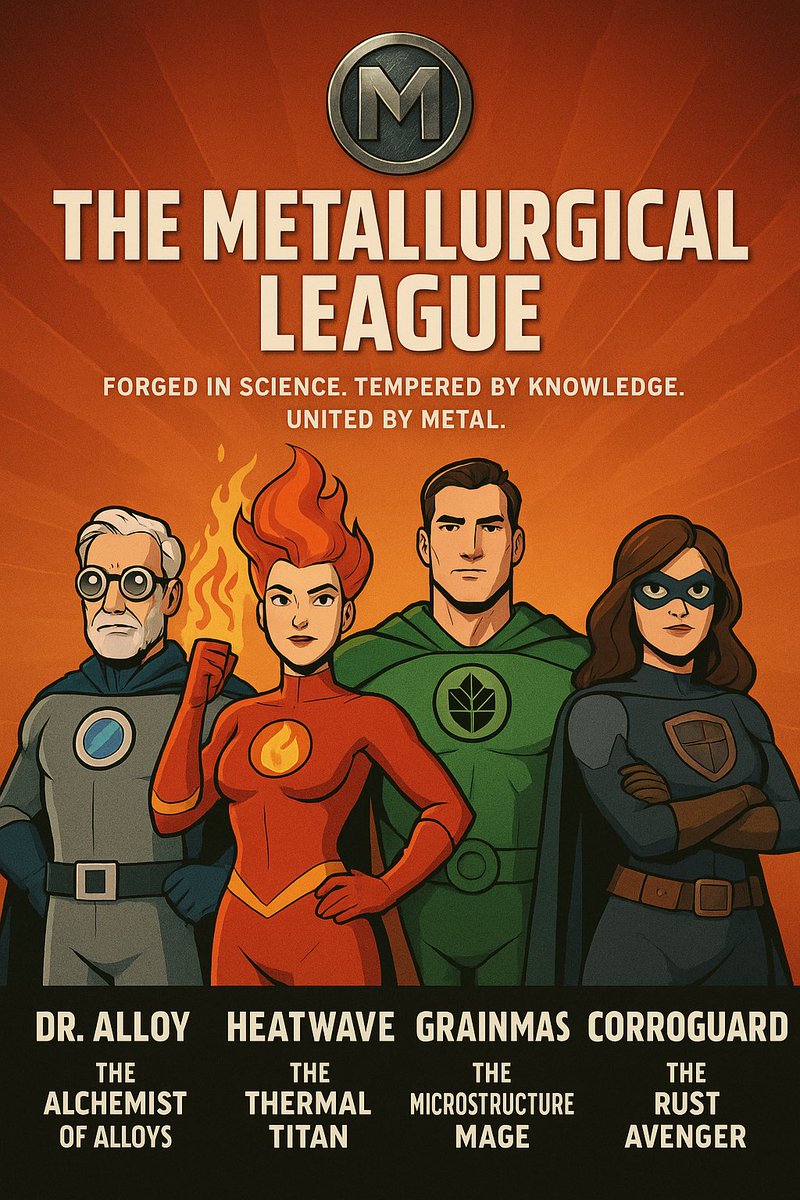 THE METALLURGICAL LEAGUE
Forged in science. Tempered by knowledge. United by metal.

Dr. Alloy – The Alchemist of Alloys
Master of elemental fusion, he creates unbreakable bonds and designs the building blocks of modern marvels.

Heatwave – The Thermal Titan
With precision flames