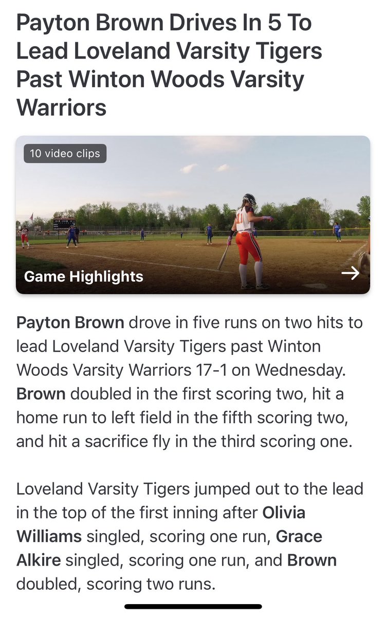 LovelandFastpi1's tweet image. LHS Varsity Softball had quite the day at the plate during their Double Header with Winton Woods.  Game 1, the Tigers put up 15 hits with a solo hr by Rohlfs, 2 Triples by Ripperger, Multiple hits by Williams and Brown.  Game 2 the Tigers put up 24 Hits with a solo hr by Brown.