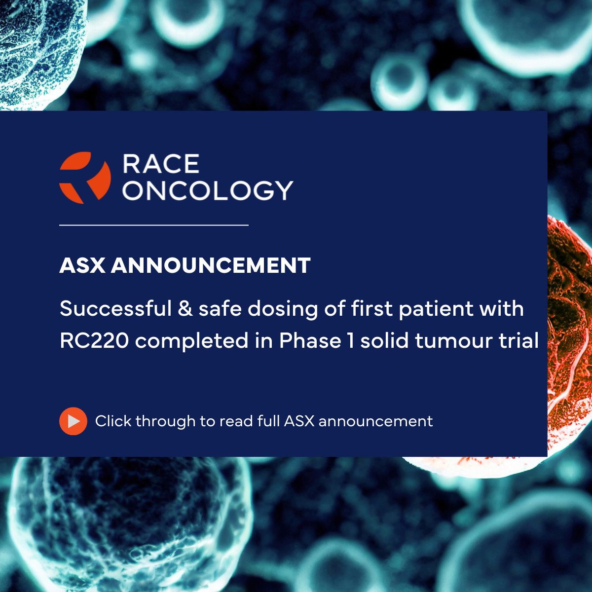 Race Oncology (@raceoncology) on Twitter photo <a href="/RaceOncology/">Race Oncology</a> has safely and successfully completed first patient dosing for the Phase 1 clinical trial in advanced solid tumours, at the studyās lead trial site Southside Cancer Care in Miranda, NSW. More: announcements.raceoncology.com/announcements/ā¦
$RAC #clinicaltrial #cardioprotection #oncology <a href="/RaceOncology/">Race Oncology</a> has safely and successfully completed first patient dosing for the Phase 1 clinical trial in advanced solid tumours, at the studyās lead trial site Southside Cancer Care in Miranda, NSW. More: announcements.raceoncology.com/announcements/ā¦
$RAC #clinicaltrial #cardioprotection #oncology