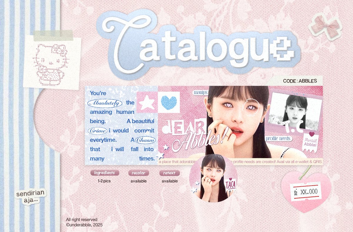 Any interaction would be very appreciated ♡!

BONJOUR! slain manips, kali ini taca juga mmbawa catalog layout for the first time, juga dengan setup baru 🪄 kalau ada kesamaan sama BA lain atau tidak aman, kindly n mannery knock my dm!

#zonauang #zonaba #zonajajan