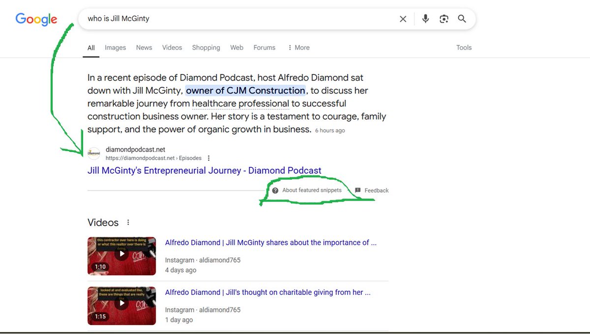 densalejo's tweet image. 🚀 Since becoming our most recent guest on the Diamond Podcast, Jill McGinty now shows up in the #1 spot on Google when you search “Who is Jill McGinty?”—featured in a Google Snippet with a bold... diamondpodcast.net/schedule-a-cal… #DiamondPodcast #GoogleSnippet #SEO #BusinessVisibility