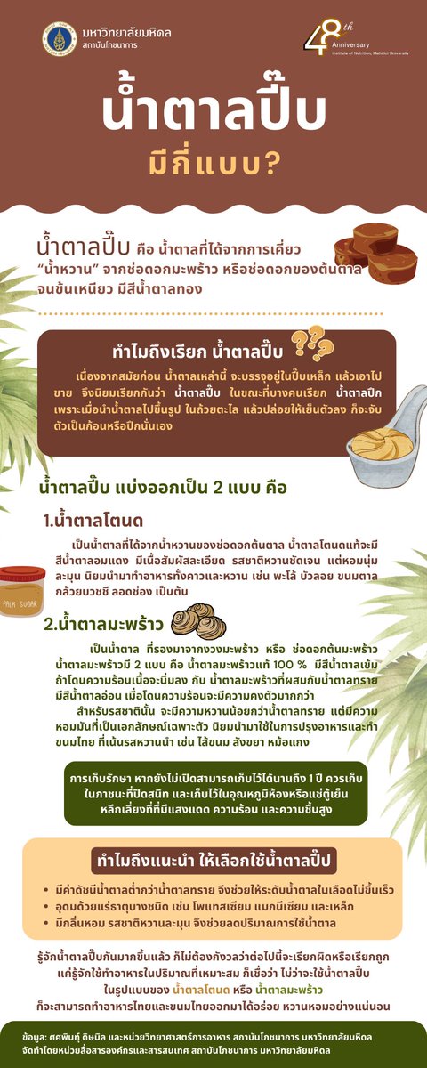 น้ำตาลปี๊บ มีกี่แบบ? รู้ไว้ ใช้เป็น!
หลายคนอาจคุ้นชื่อ แต่ยังแยกไม่ออกว่า “น้ำตาลโตนด” กับ “น้ำตาลมะพร้าว” ต่างกันอย่างไร? อินโฟกราฟิกนี้มีคำตอบ!

รู้จักให้ลึก ใช้ให้ถูก… จะทำอาหารหรือขนมไทยก็อร่อย หวานหอมอย่างแน่นอน!

#น้ำตาลปี๊บ #สถาบันโภชนาการ #มหาวิทยาลัยมหิดล #โภชนาการ