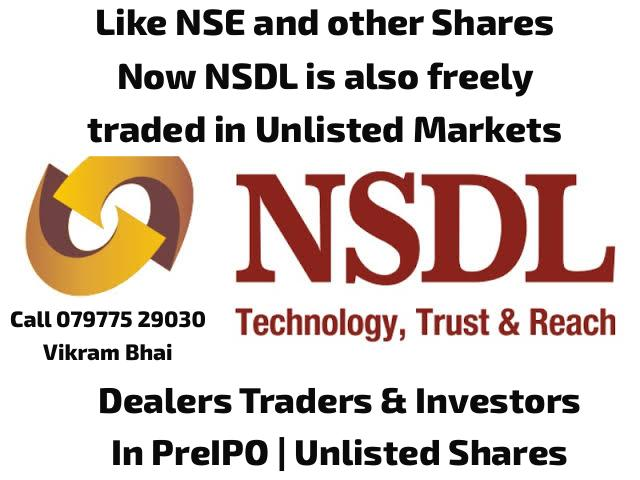 UnlistedXChange's tweet image. NSDL is also now freely tradable in #UnListedMarkets with T+1 delivery. 

Call / WhatsApp - 079775 29030 for buy or sell. 

We deal in all major #UnlistedShares #PreIPO and #Physical shares, buy or sell. 

#NSE #NSDL #NCDEX #MSEi #CareHealth #CSK #HDBFinance #HDFCSec #OYO etc..