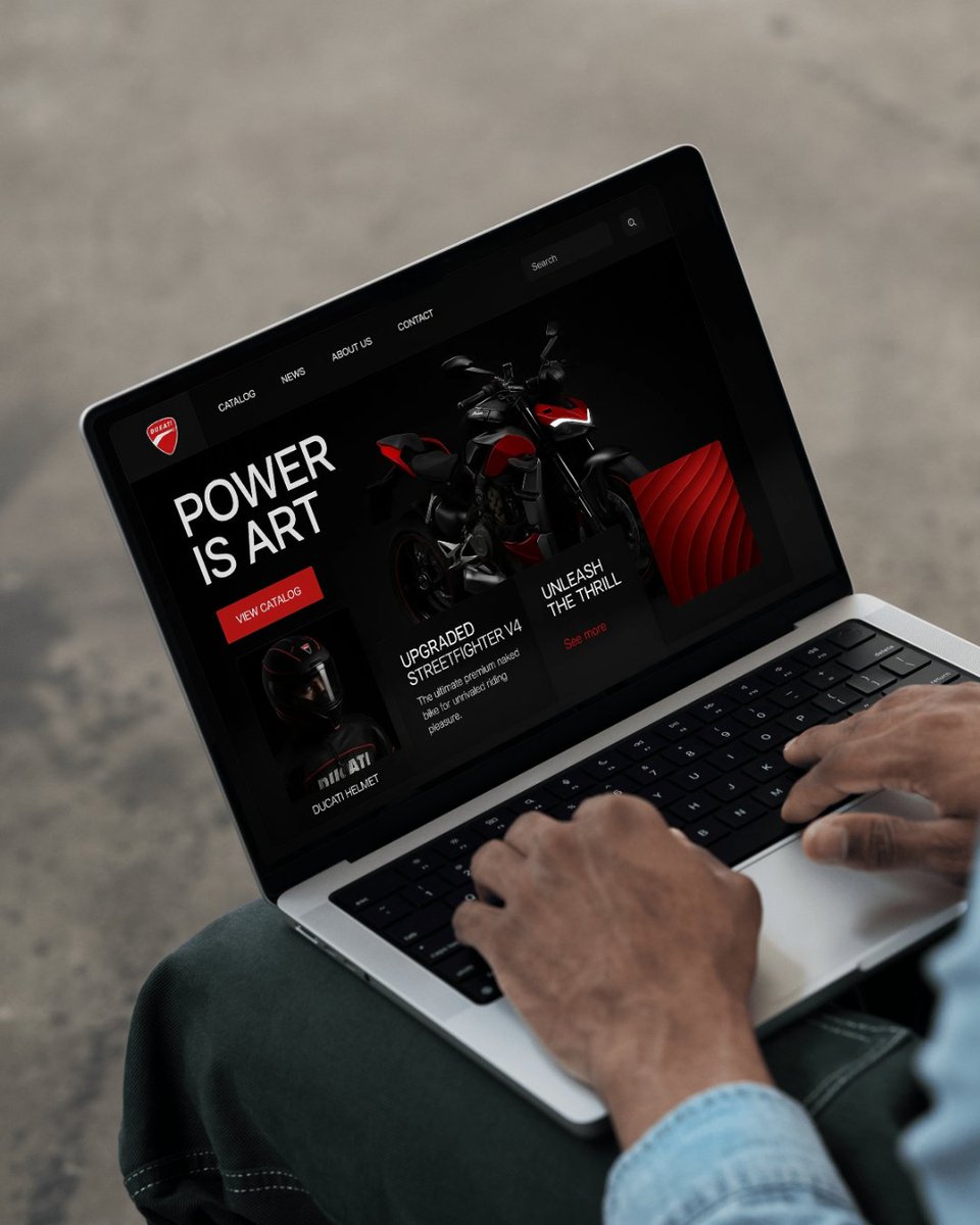 codeforkal's tweet image. A bold and immersive Ducati website homepage design featuring the Streetfighter V4, complete with navigation, powerful visuals, and an extended showcase section for products and models.