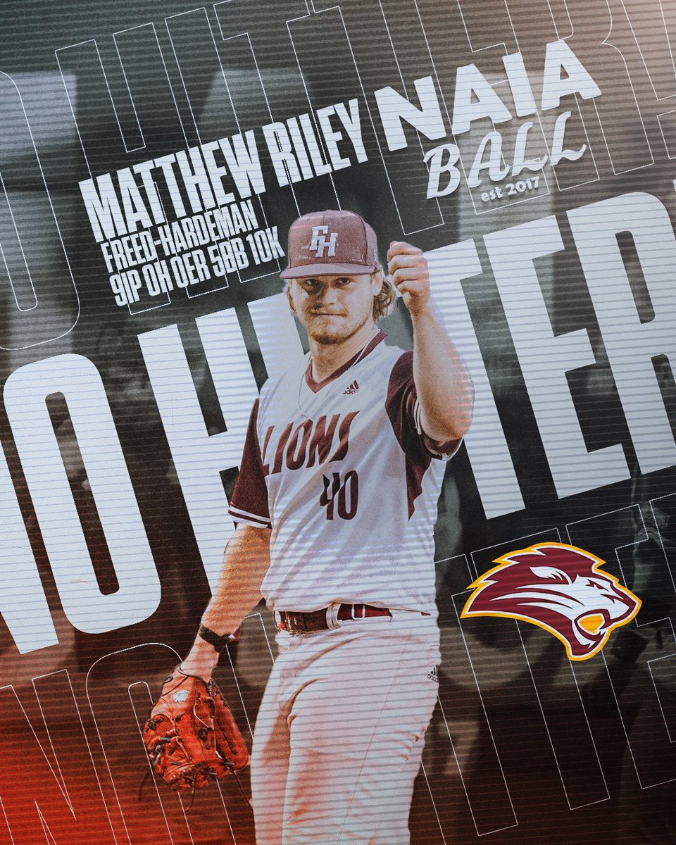 NAIA Ball (@naiaball) on Twitter photo 🚨🚨WELCOME TO PLAYOFF BASEBALL
Freed-Hardeman (TN) SP Matthew Riley starts off the Mid-South Conference Tournament with a no-hitter tonight in a first round win over Bethel (TN)
Final line: 9 IP 0 H 0 ER 10 K 5 BB on 113 pitches
<a href="/gofhulions/">FHU Athletics</a> <a href="/FHU_LIONS/">FHU Lions Baseball</a> <a href="/MidSouthSports/">Mid-South Conference</a> 🚨🚨WELCOME TO PLAYOFF BASEBALL
Freed-Hardeman (TN) SP Matthew Riley starts off the Mid-South Conference Tournament with a no-hitter tonight in a first round win over Bethel (TN)
Final line: 9 IP 0 H 0 ER 10 K 5 BB on 113 pitches
<a href="/gofhulions/">FHU Athletics</a> <a href="/FHU_LIONS/">FHU Lions Baseball</a> <a href="/MidSouthSports/">Mid-South Conference</a>