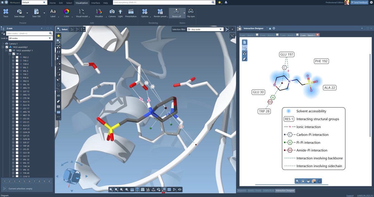 StephaneRedon's tweet image. Upcoming webinar: Introducing SAMSON 2025 !
On June 17, at 8 AM PST / 11 AM EST / 5 PM CET, you're invited to a new webinar in which you'll learn :
- How to create and edit 2D and 3D protein-ligand interaction diagrams using the new Interaction Designer
- How to use the new…