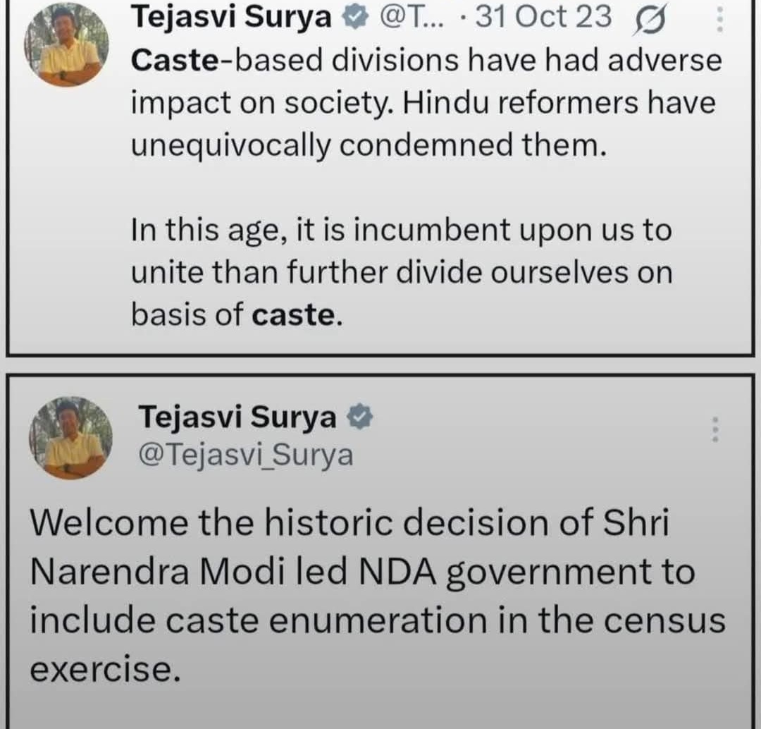 LavanyaBallal's tweet photo. .@Tejasvi_Surya's flip flop 
#CasteCensus https://t.co/jn4v6o6yy9