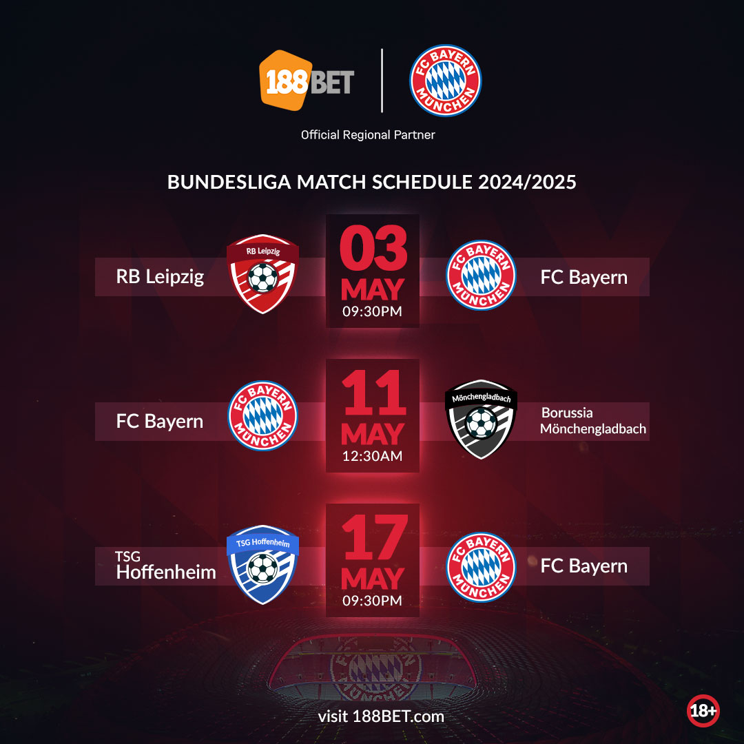 Three more battles. ⚔️

These last 3 games could make all the difference. Let’s go, FC Bayern! 🚀

🔗 bit.ly/188BETAsia

#188BET #188BETASIA #188BETFCB #188ASIA #Sports #football #MiaSanMia #FCBayern #FCB #bayernmunich #bayernmunchen #Bundesliga #2025