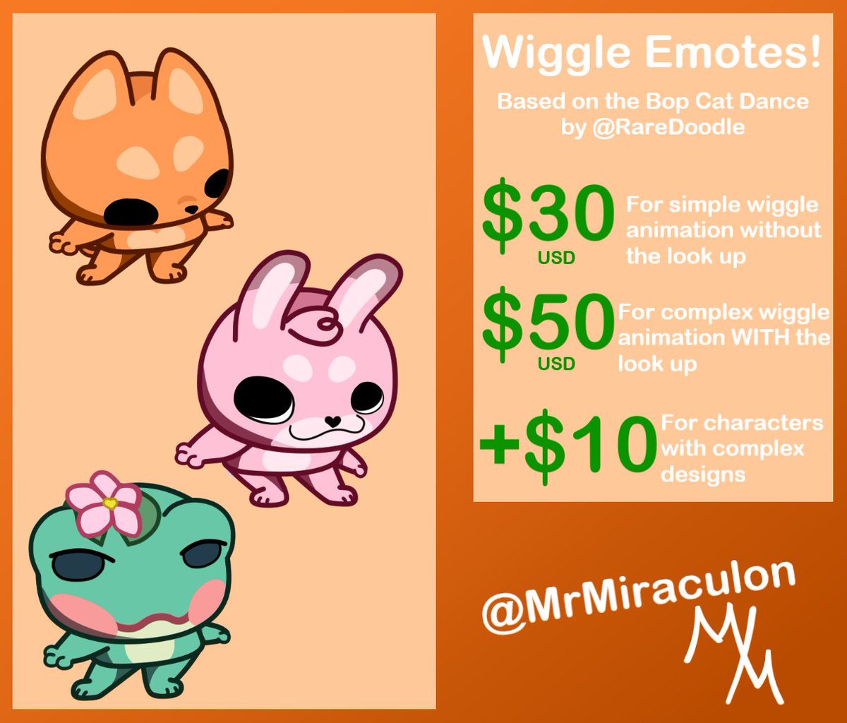 MrMiraculon's tweet image. WOAH! So many wigglin lately! I wonder who made them, heheh. Get your own Wiggle emote! Just DM me directly and I will make it as soon as I can!