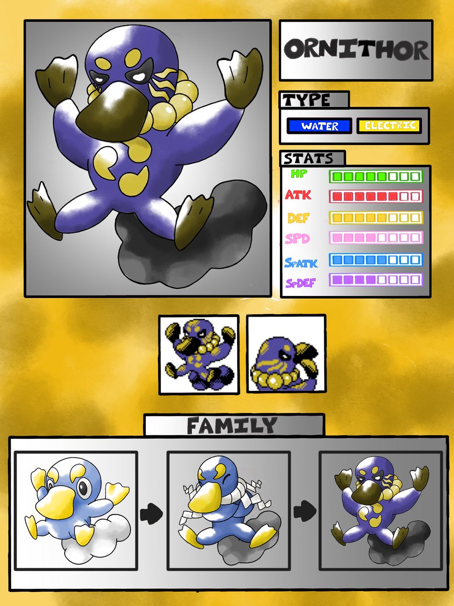 RemoraidStan's tweet photo. And finally we have the water starter. Based on platypuses with influences from Raijin. The main motif is a cloud-like tail that slowly becomes a thunderstorm

#platypus #water #electric #pokemon #fakemon #raijin #starter https://t.co/HLuXBDEkWN