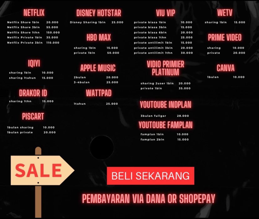 auliasalsa40957's tweet photo. kusus hari ini pembelian netflix free bebas pilih mau viu,canva atau yt  yuuu langsung ajaa💕💕#zonauang #zonajajan https://t.co/B67G4R8Mab