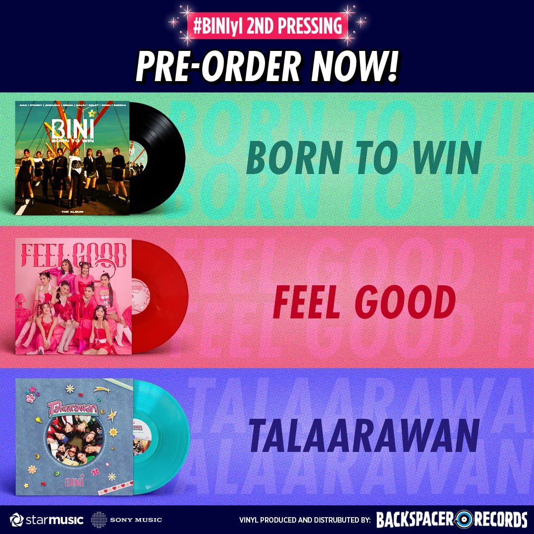Today’s the day, Blooms! 🌸

Pre-order is now OPEN for the limited numbered edition of BINI’s Born To Win, Feel Good, and Talaarawan vinyl!

No time to waste, head over now to Backspacer Records’ official website and secure your copies! backspacerrecords.com/collections/bi…