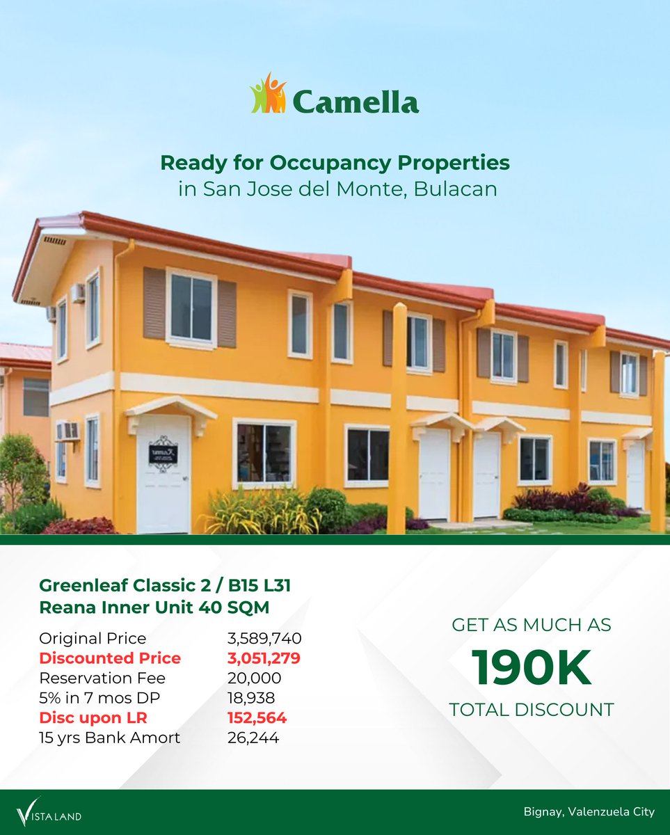 Camellaagent20's tweet image. RFO Units in San Jose del Monte, Bulacan!

Take advantage of our RFO units and avail our huge discounts:
[ ] Camella Monticello
[ ] Camella Cielo
[ ] Greenleaf Classic 2
[ ] Lessandra SJDM

RESERVE NOW!

Contact us now via 09109972331
Whatsapp/Viber

#Camella
#RFO #CamellaSJDM
