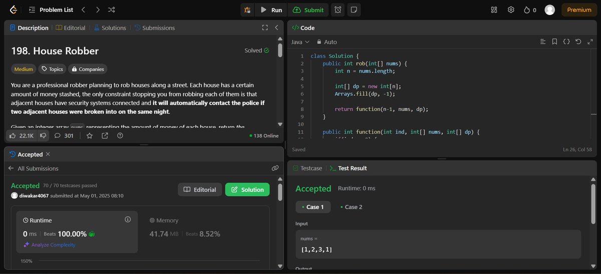 DPrakash90053's tweet photo. -Leetcode 198: House Robber
-What a good thief but it has some more challanges as well with it's II, III, IV House Robber problems, which i will do next...

#Leetcode #HouseRobber #DynamicProgramming #MaxProfit #DSA #CodeSmart #100DaysOfCode https://t.co/Gs8R99bcqc