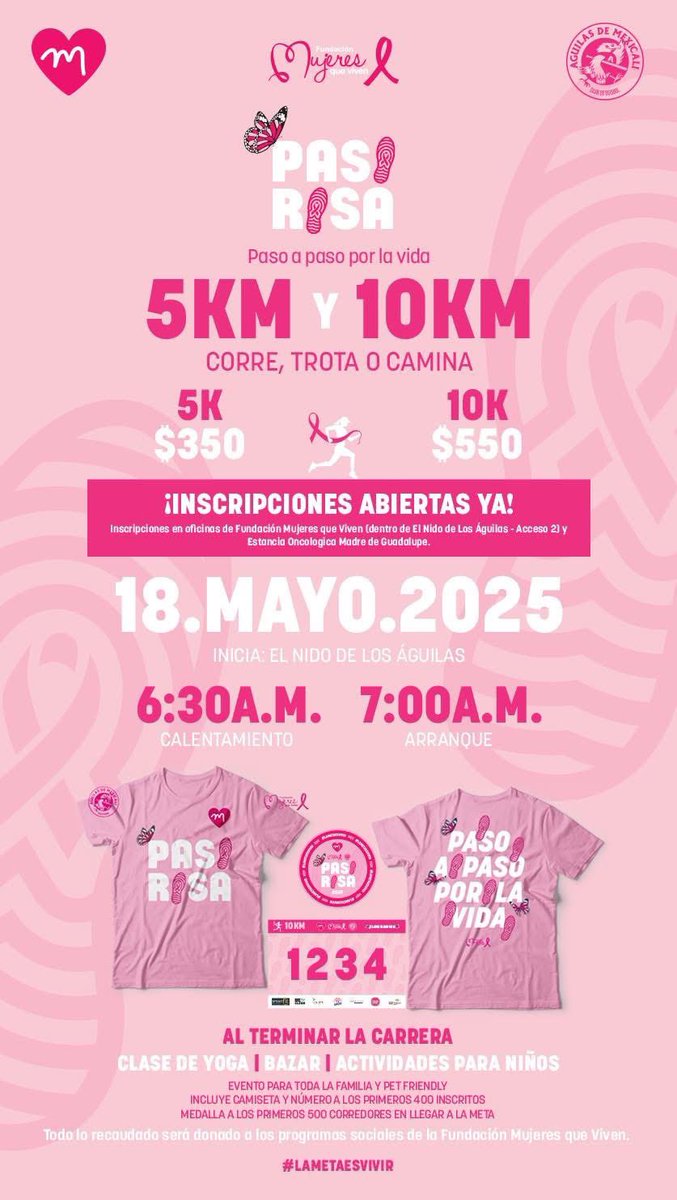 🌸 ¡Corre con el corazón! 💖

Te invitamos a Paso Rosa, una carrera recreativa de 5K y 10K donde cada paso cuenta.

📅 Domingo 18 de mayo de 2025
🕖 Salida: 7:00 AM
📍 El Nido de Los Águilas

Todo lo recaudado será donado a los programas sociales de Fundación Mujeres que