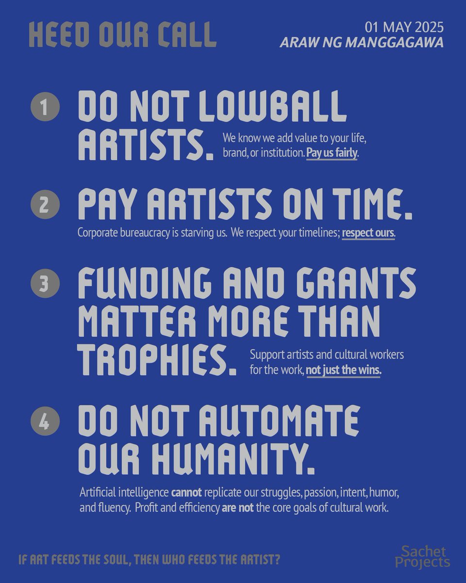 May 1st is the Philippines’ Labor Day and we’d like to take this chance to remind everybody that artists and cultural workers are owed a timely, living wage.

#NakabubuhayNaSahod
#ArtistsFightBack
