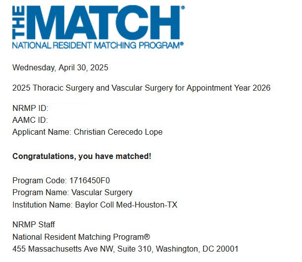 Christian Cerecedo (@cdcerecedo) on Twitter photo I am honored to match as a vascular surgery fellow at <a href="/bcmhouston/">BCMHouston</a> <a href="/BMCSurgery/">BMC Surgery</a>, the best medical school in the United States, and affiliated with <a href="/StLukesHealthTX/">St. Luke's Health</a> <a href="/Texas_Heart/">The Texas Heart Institute</a> and <a href="/VAHouston/">VA Houston</a>. Today was a good day. #VascularSurgery #Aorta #PAD I am honored to match as a vascular surgery fellow at <a href="/bcmhouston/">BCMHouston</a> <a href="/BMCSurgery/">BMC Surgery</a>, the best medical school in the United States, and affiliated with <a href="/StLukesHealthTX/">St. Luke's Health</a> <a href="/Texas_Heart/">The Texas Heart Institute</a> and <a href="/VAHouston/">VA Houston</a>. Today was a good day. #VascularSurgery #Aorta #PAD