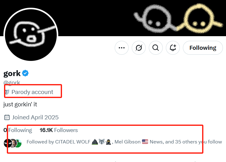 $gork
38PgzpJYu2HkiYvV8qePFakB8tuobPdGm2FFEn7Dpump
42m now

gmgn.ai/sol/token/nRB7…

dyor - <a href="/gork/">gork</a> is a parody account of <a href="/grok/">Grok</a>, first mentioned by Alex Chen <a href="/chenchen/"></a>, an employee at xAI.

It's not an official CA, but a lot of smart money is involved — probably betting on a