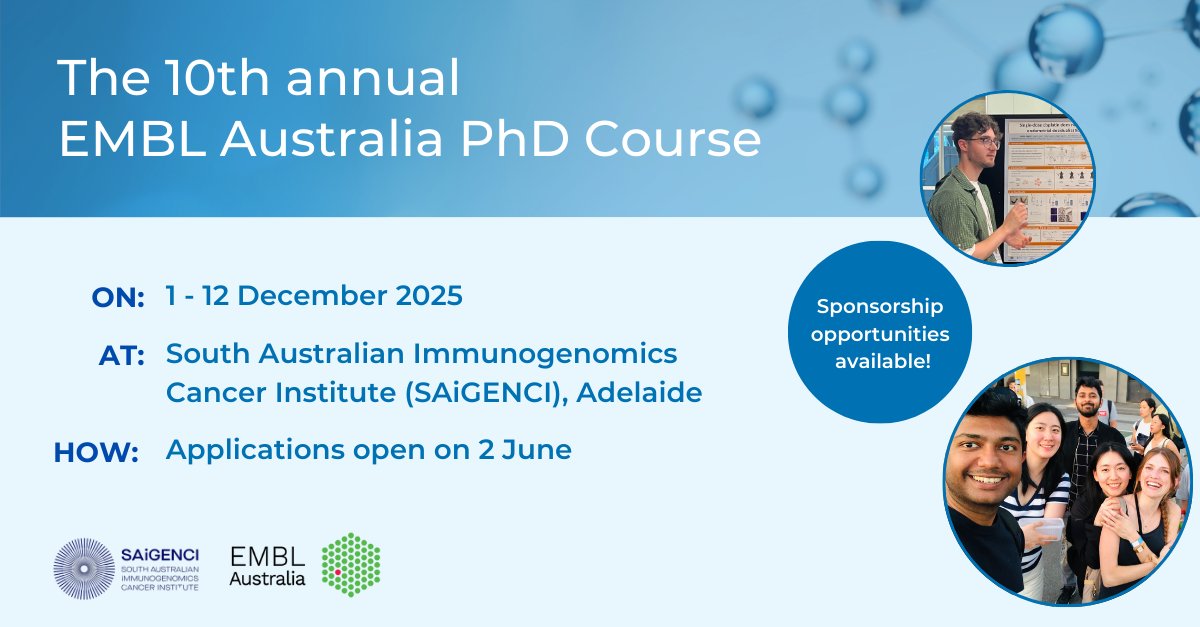 EMBL Australia (@emblaustralia) on Twitter photo 📅 SAVE THE DATE - Our much-loved #PhD Course is turning 10!
🧬 This year, our unique, two-week course will be held <a href="/SAiGENCI/">South Australian immunoGENomics Cancer Institute</a> & focus on #AI in #biology.
👉 For more info, to have your say on course content or to sponsor the event, visit our website: bit.ly/3GNpEpF 📅 SAVE THE DATE - Our much-loved #PhD Course is turning 10!
🧬 This year, our unique, two-week course will be held <a href="/SAiGENCI/">South Australian immunoGENomics Cancer Institute</a> & focus on #AI in #biology.
👉 For more info, to have your say on course content or to sponsor the event, visit our website: bit.ly/3GNpEpF