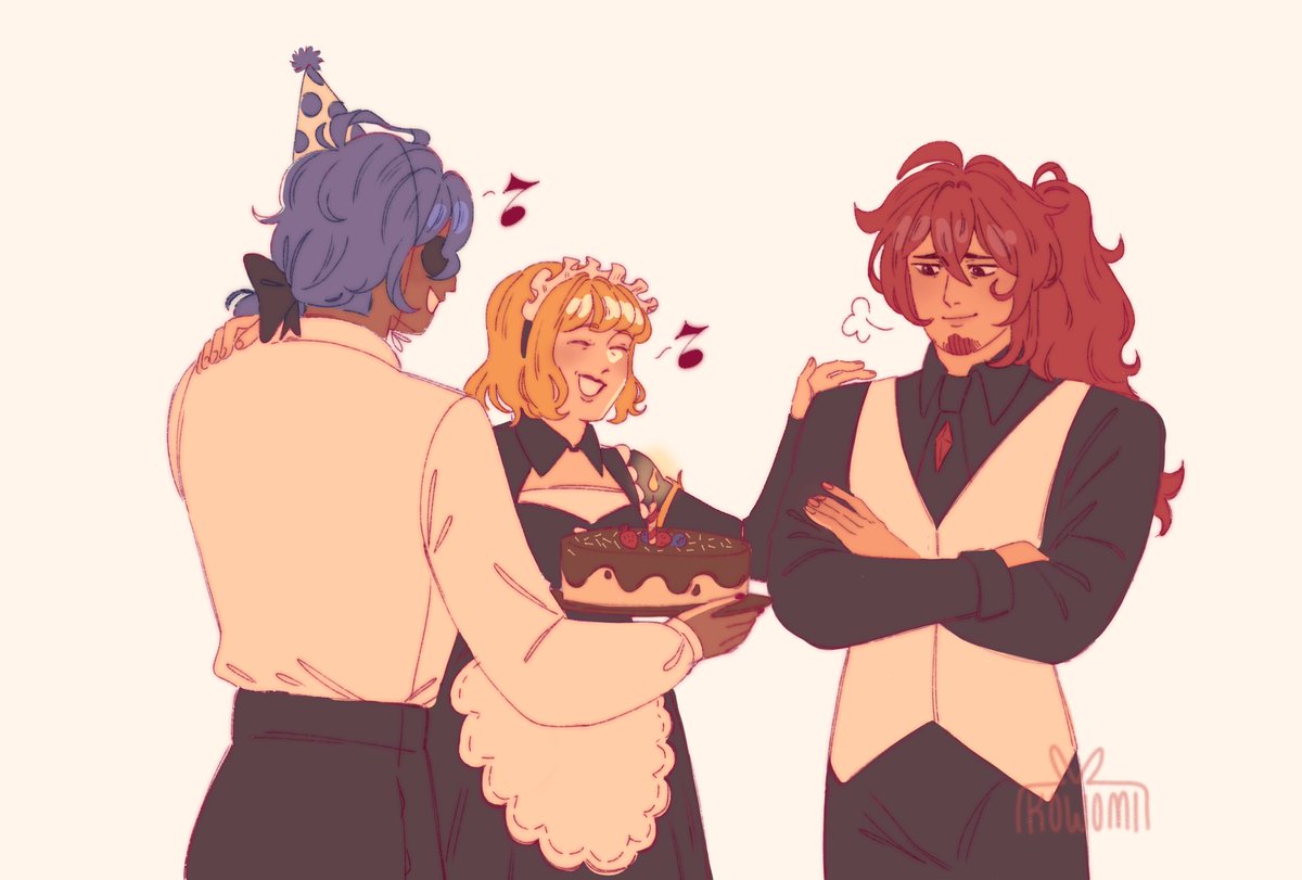 Kowomi_art's tweet image. Celebrating birthday with the family 🍰
#Diluc #Kaeya #Adelinde #GenshinImpact