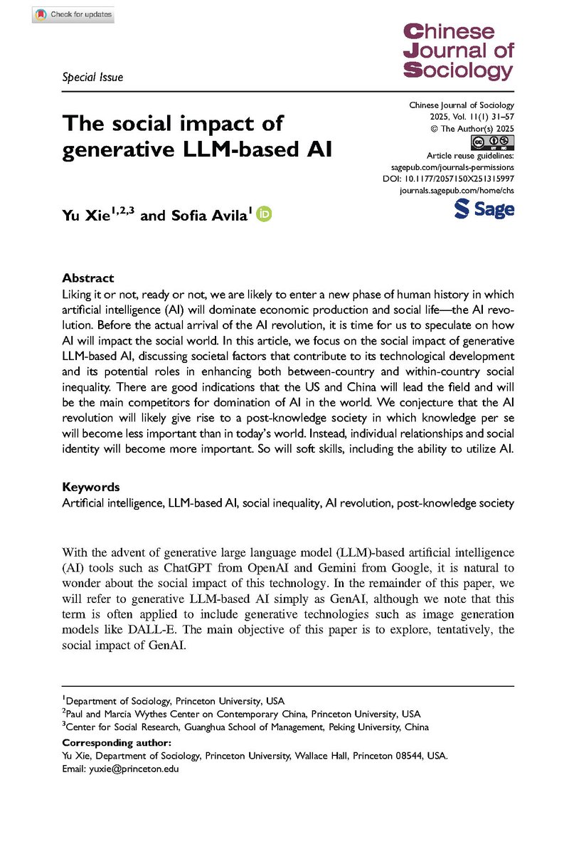 Chinese Journal of Sociology (@cjsshu) on Twitter photo Check out our new open-access article! Discover how AI is reshaping society. Why do Xie and Avila think individual bonds and social identity could dominate in a post-knowledge society? Read now! doi.org/10.1177/205715…
<a href="/YuXie3/">Yu Xie</a> <a href="/SofiaAvila/">sofia avila</a> <a href="/SageSociology/">Sage Sociology</a> Check out our new open-access article! Discover how AI is reshaping society. Why do Xie and Avila think individual bonds and social identity could dominate in a post-knowledge society? Read now! doi.org/10.1177/205715…
<a href="/YuXie3/">Yu Xie</a> <a href="/SofiaAvila/">sofia avila</a> <a href="/SageSociology/">Sage Sociology</a>
