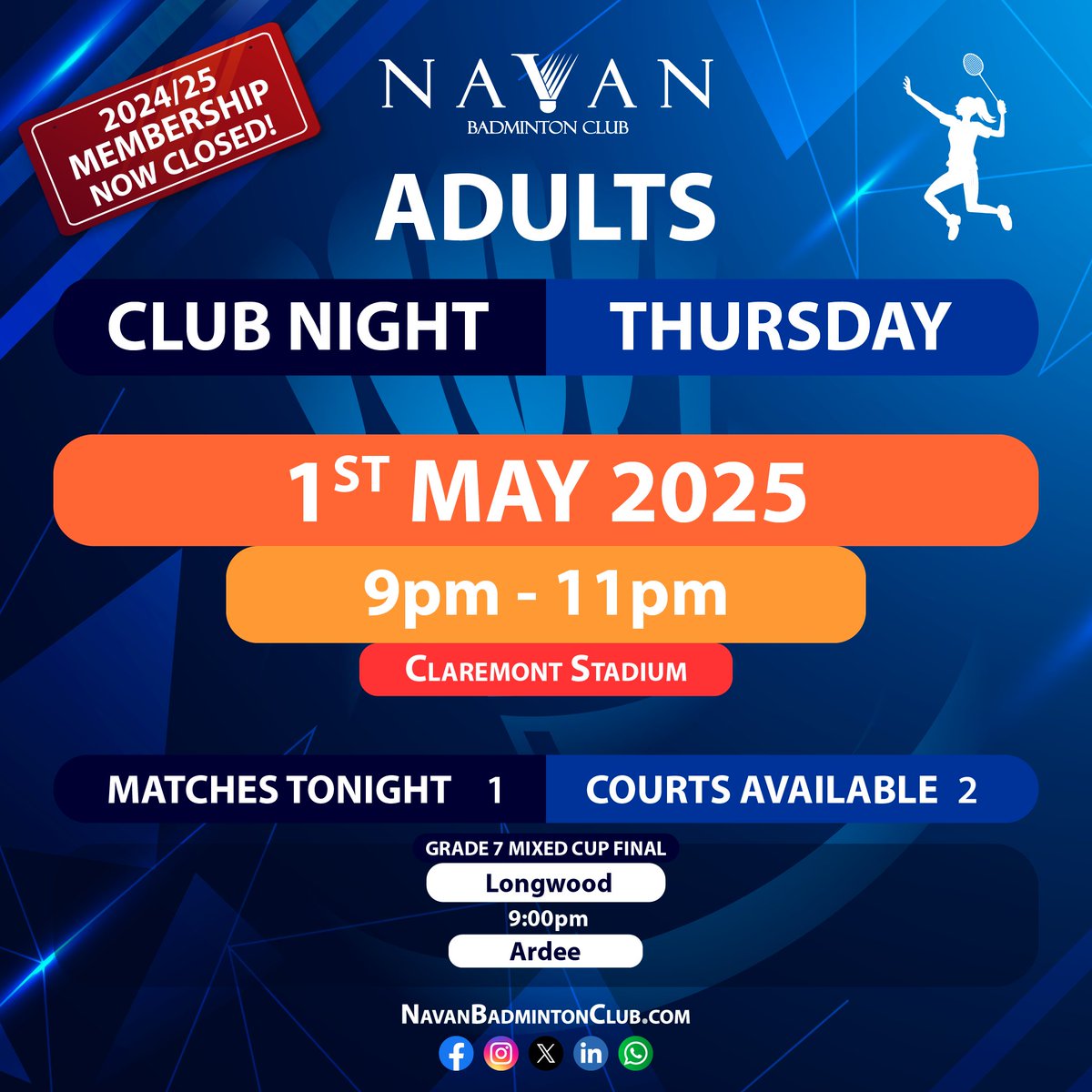 Navan Badminton Club (@navanbc) on Twitter photo The sun’s out, shuttles are flying, and #Thursday #ClubNight <a href="/ClaremontNavan/">Claremont Stadium</a> returns! 2 COURTS open for members. PLUS: #Meath #Badminton G7 Mixed Cup Final as #Longwood take on #Ardee. All the craic you’ve missed, lucky shorts optional and good vibes guaranteed! #Navan #Ireland The sun’s out, shuttles are flying, and #Thursday #ClubNight <a href="/ClaremontNavan/">Claremont Stadium</a> returns! 2 COURTS open for members. PLUS: #Meath #Badminton G7 Mixed Cup Final as #Longwood take on #Ardee. All the craic you’ve missed, lucky shorts optional and good vibes guaranteed! #Navan #Ireland