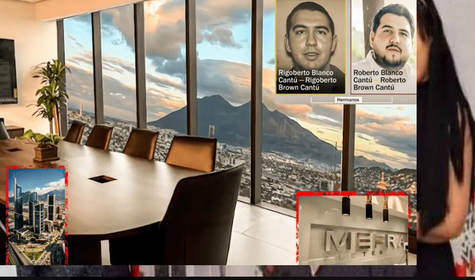 The image depicts a luxurious office setting with a large conference table and chairs, overlooking a scenic view of mountains and a cityscape, likely San Pedro Garza Garcia. The post text suggests that this location was used for trafficking 'huachicol' (stolen fuel) with a touch of glamour. There are two inset images of individuals identified as Rigoberto Blanco and Roberto Blanco, both labeled with 'Brown Canto' and 'Hombre'. The overall context implies a news story about high-profile criminal activity conducted from a high-status location, contrasting the criminal nature with the opulence of the setting.