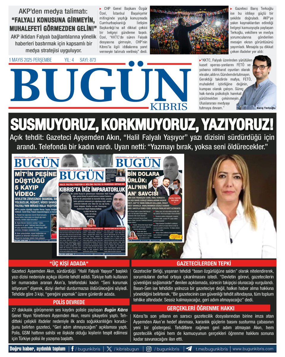 SUSMUYORUZ, KORKMUYORUZ, YAZIYORUZ! 

Açık tehdit: Gazeteci Ayşemden Akın, “Halil Falyalı Yaşıyor” yazı dizisini sürdürdüğü için arandı. Telefonda bir kadın vardı. Uyarı netti: “Yazmayı bırak, yoksa seni öldürecekler.”

l24.im/NiSD5G
