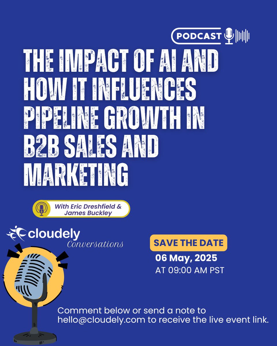 We’re going live with James Buckley and host Eric Dreshfield on May 6 at 9am Pacific!Comment below, reply to this post, or email hello@cloudely.com and we’ll send it your way.

#B2BSales #AIMarketing #SalesGrowth #Podcast #Sales #AI #ArtificialIntelligence #Podcasts #Cloudely