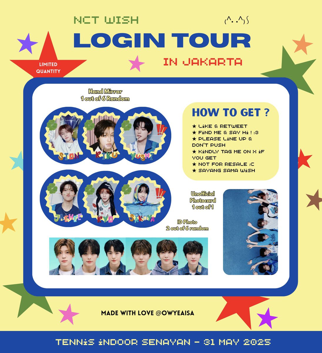 ૮₍ ˃ ⤙ ˂  NCT WISH LOGIN Asia Tour Jakarta ⭐️ ʚଓ  FREEBIES by <a href="/owyeaisa/">is🏄🏻‍♀️</a> 🫐🧃

⏰ TBA ᝰ.ᐟ 𖤐
see you on there 🕺🏻 :3 hehe 

#NCTWISH_ASIA_TOUR #NCTWISHinJAKARTA #NCTWISH_LOGinJAKARTA