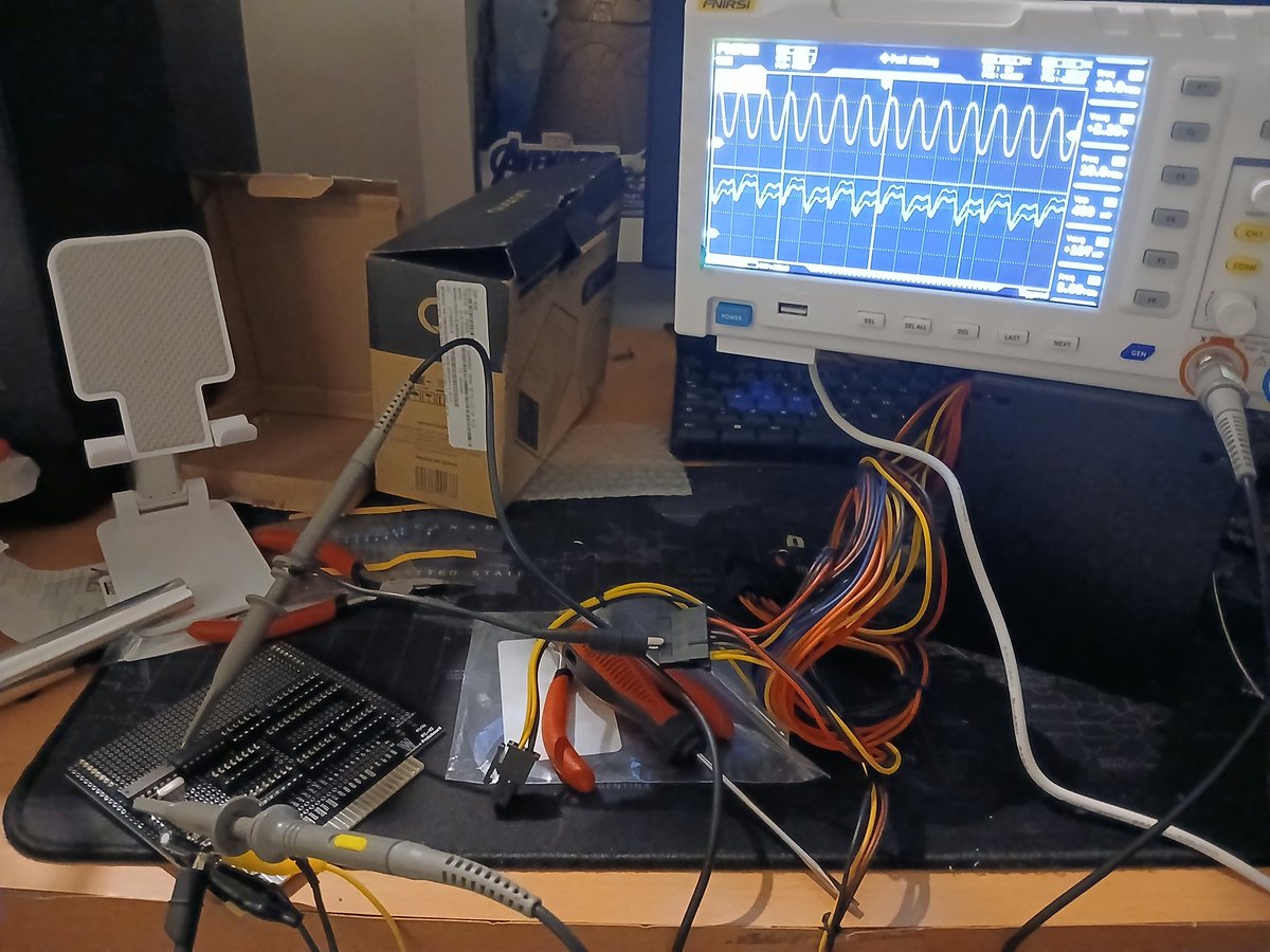 nanochess's tweet image. The sockets are now soldered. I decided to start with the oscillator, and I made one with a 10mhz crystal and divided with 74LS74. The capacitor between inverters was 10pf so it failed, it must be 0.1uf. I&apos;m pretty happy to have the required 5 mhz. #retro #transputer