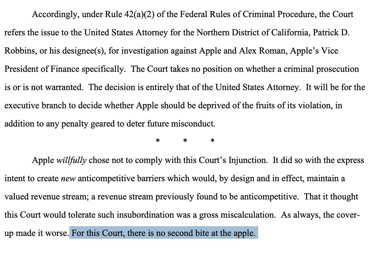 GergelyOrosz's tweet image. This is what a judge looks like when a company willfully and knowingly ignores a court order, then lies under oath to cover it up.

Apple did this.

The judge is done playing nice.

&quot;For this Court, there is no second bite at the apple.&quot;

Apple will surely regret playing ugly.