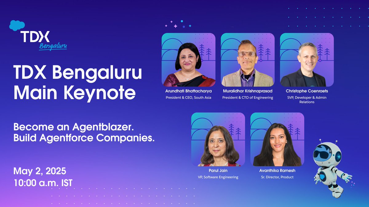Salesforce Developers (@salesforcedevs) on Twitter photo 🎊 Kick off #TDX25 Bengaluru tomorrow with the Main Keynote.
Join Arundhati Bhattacharya, President and CEO, South Asia, <a href="/salesforce/">Salesforce</a> and guests to learn how to become an Agentblazer and build Agentforce companies.
🏆 Plus, cheer on the winners of the #AgentforceHackathon as 🎊 Kick off #TDX25 Bengaluru tomorrow with the Main Keynote.
Join Arundhati Bhattacharya, President and CEO, South Asia, <a href="/salesforce/">Salesforce</a> and guests to learn how to become an Agentblazer and build Agentforce companies.
🏆 Plus, cheer on the winners of the #AgentforceHackathon as