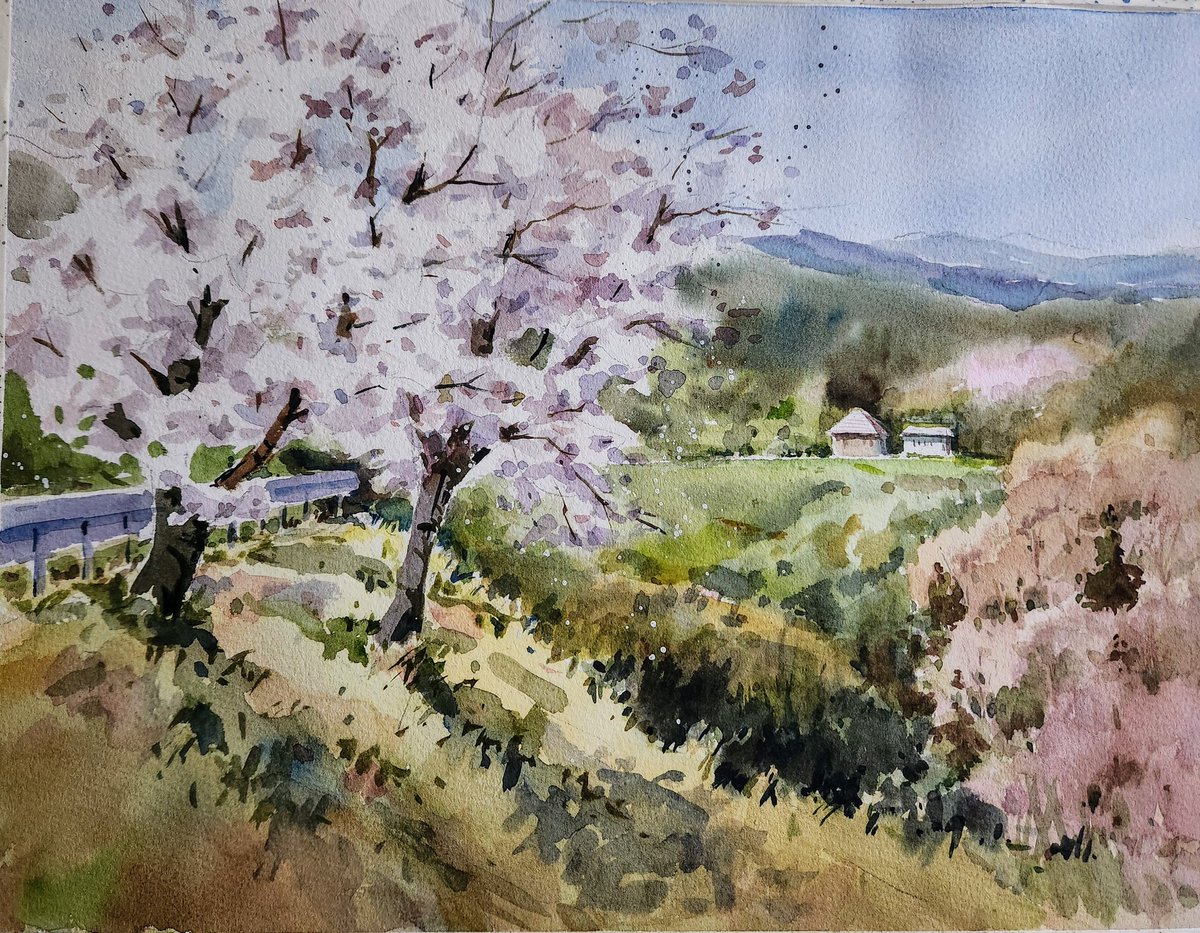 今年の桜の描き納めです。谷向こうが見える駅のホームからの風景です