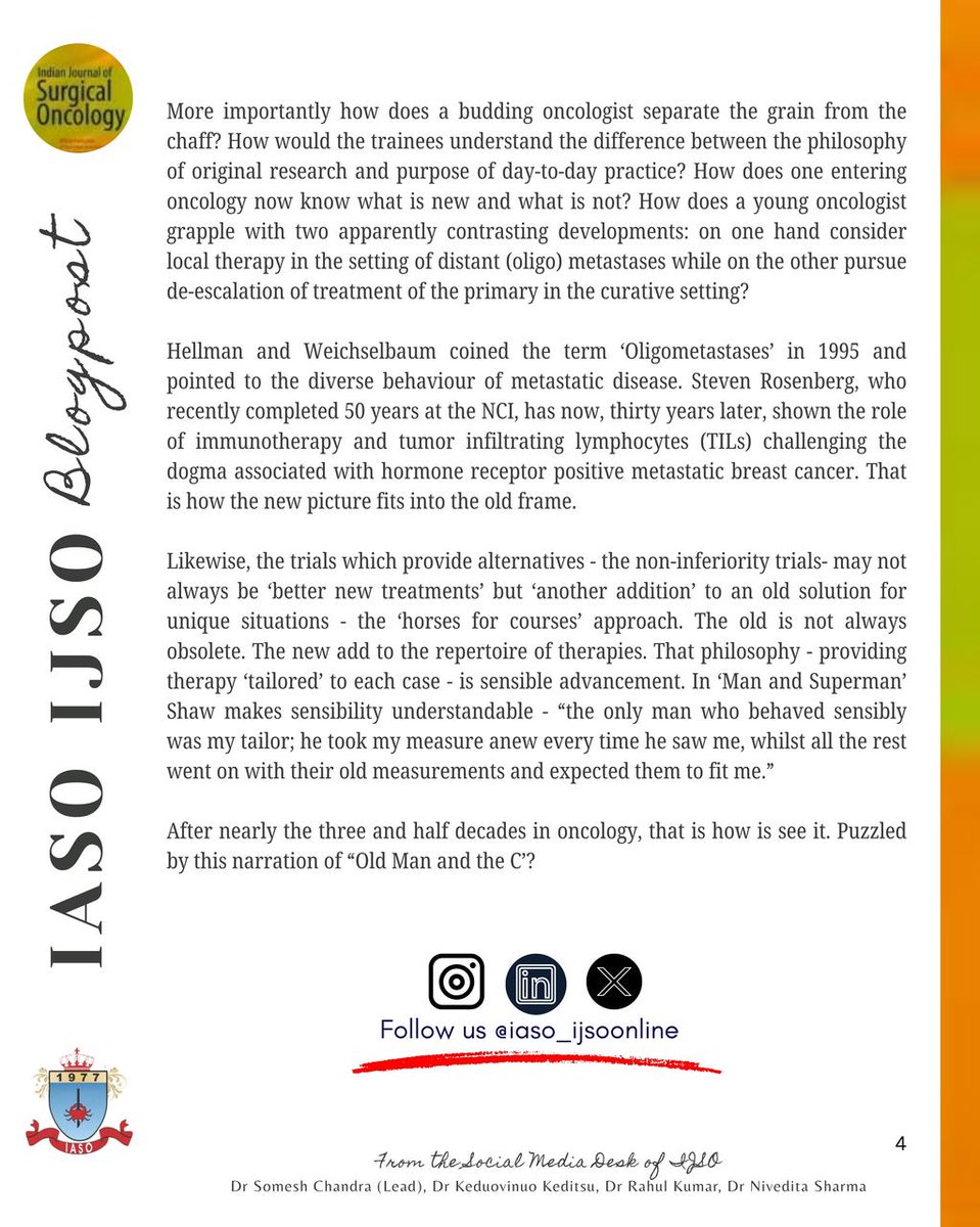 Check out our latest #iaso_ijsoonline blogpost Old Man and The C 

The sea of changes coming across in breast cancer management appears uncontrollable, unpredictable and unending. There are impressive studies on de-escalation which make compelling arguments to follow where they